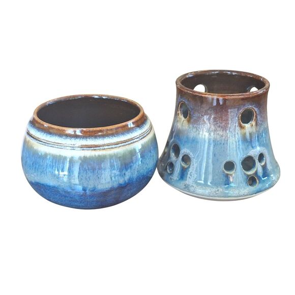 Hand Thrown Studio Pottery Set Glazed Votive Potpourri Vase Rustic Garlic Holder - Picture 1 of 11